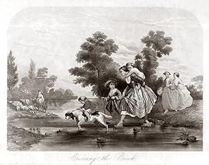 Victorian Print of Girls Crossing a Brook