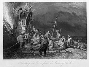 Rescuing Crew from Burning Vessel,1835 Maritime Print