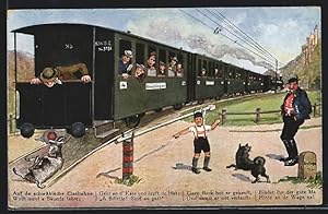 Bild des Verkufers fr Knstler-Ansichtskarte Hans Boettcher: Bauer fhrt mit der Eisenbahn, Ziege hngt am letzten Wagon zum Verkauf von Bartko-Reher