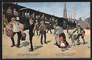 Bild des Verkufers fr Knstler-Ansichtskarte Hans Boettcher: Bauer bringt seinen Ziegenbock zur schwbischen Eisenbahn zum Verkauf von Bartko-Reher