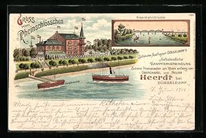 Lithographie Heerdt b. Düsseldorf, Gruss vom Gasthaus Rheinschlösschen, Eisenbahnbrücke