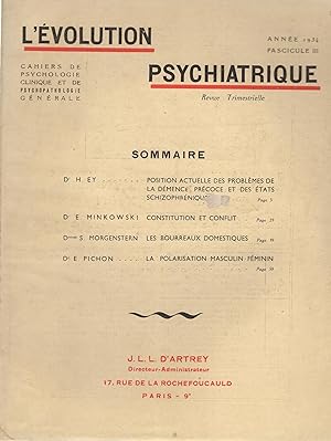 Imagen del vendedor de L'volution Psychiatrique. - Cahiers de Psychologie clinique et de Psychopathologie gnrale. - Fascicule III - Anne 1934. a la venta por PRISCA