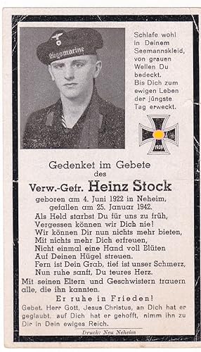 Sterbebild Kriegsmarine - Gedenket im Gebete des Verw.-Gefr. Heinz Stock, gefallen am 25. Januar ...