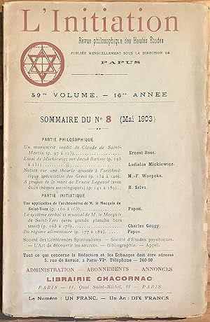 Image du vendeur pour L'initiation n8 (Mai 1903) Revue philosophique des Hautes tudes mis en vente par Le Songe de Polia