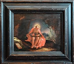 Original-Ölgemälde auf Eichenholz. Der heilige Hieronymus als gelehrter Eremit in einer Höhle.
