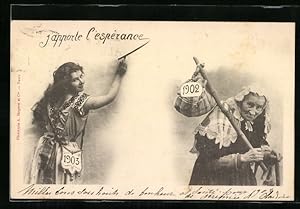 Bild des Verkufers fr Ansichtskarte Jahreszahl 1902 / 1903, junge Frau schreibt an die Wand und alte Frau geht auf die letzte Reise zum Verkauf von Bartko-Reher