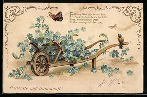 Bild des Verkufers fr Duft-Ansichtskarte Mit Blumenduft, Frhling lsst sein blaues Band., Schubkarre voller Vergissmeinnicht zum Verkauf von Bartko-Reher