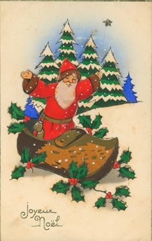 Ansichtskarte / Postkarte Glückwunsch Weihnachten, Weihnachtsmann im Holzschuh, Stechpalmenzweige