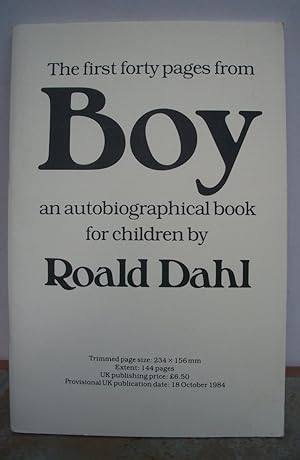 Imagen del vendedor de BOY Tales of Childhood. Proof copy (Cover title: The first forty pages from BOY an autobiographical book for children by Roald Dahl). a la venta por Roger Middleton P.B.F.A.