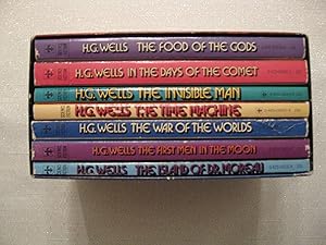 Seller image for H. G. Wells Seven (7) Novel Boxed Set - Richard Powers Covers, including: The Time Machine; The War of the Worlds; In the Days of the Comet; The Food of the Gods (and How It Came to Earth); The Invisible Man; The Island of Dr. Moreau, and; The First Men in the Moon for sale by Clarkean Books