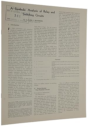 Seller image for A Symbolic Analysis of Relay and Switching Circuits. Offprint from: Transactions of the American Institute of Electrical Engineers, vol. 57 for sale by SOPHIA RARE BOOKS