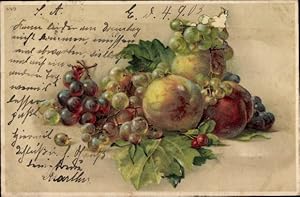 Litho Früchtestillleben, Weintrauben, Pfirsiche