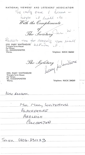 Bild des Verkufers fr [Mary Whitehouse, campaigner against the 'permissive society', founder and president of the National Viewers' and Listeners' Association.] Two Autograph Notes Signed on compliments slips, and her 'New Address' in Autograph. zum Verkauf von Richard M. Ford Ltd