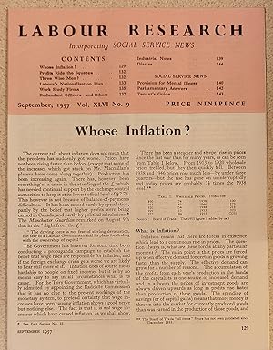Bild des Verkufers fr Labour Research September 1957 / Whose Inflation? / Profits Ride The Squeeze / Labour's Nationalisation Plan / Work Study Firms / Redundant Officers - and Others / Industrial Notes / Provision for Mental Illness / Tom Vernon "Tenant's Guide" zum Verkauf von Shore Books