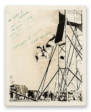(Horse Diving) [Original photograph of Sonora Carver on her horse Red Lips in mid-air diving off ...