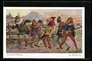 Bild des Verkufers fr Knstler-Ansichtskarte Georg Mhlberg: Die sieben Schwaben waren schon weit gewandert., Mrchen zum Verkauf von Bartko-Reher