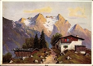 Künstler Ansichtskarte / Postkarte Hecker, J., Wohnhaus, Berge, Bergspitze, Dorfstraße