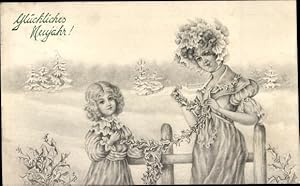 Ansichtskarte / Postkarte Glückwunsch Neujahr, Frau mit Kind, Stechpalme, Tannenbäume - M. Munk 5015