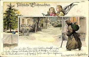 Litho Glückwunsch Weihnachten, Weihnachtsmann, Engel, Tanne, Winterszene - Bruno Bürger 677