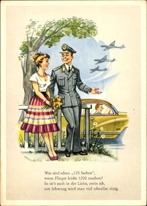 Ansichtskarte / Postkarte Liebespaar, Soldat in Uniform, Frau mit Blumenstrauß, Was sind schon 12...
