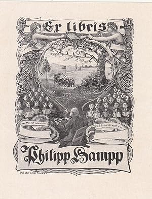 Image du vendeur pour Ex libris Philipp Hampp. Dirigent mit Geige, vor zweigeteiltem Kinderchor sitzend, dahinter wandernde Knabengruppe mit Fahne und Baum, darber zwei Genien. "Der Mai ist gekommen die Bume schlagen aus" (Volkslied aus dem Vormrz). mis en vente par Antiquariat  Braun