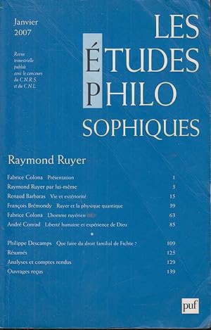 Bild des Verkufers fr Les tudes philosophiques, N 1, janvier 2007 : Raymond Ruyer zum Verkauf von PRISCA