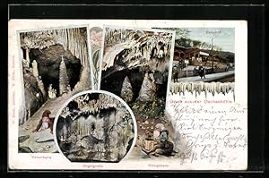 Ansichtskarte Gruss aus der Dechenhöhle, Innenansichten mit Zwergen, Bahnhof