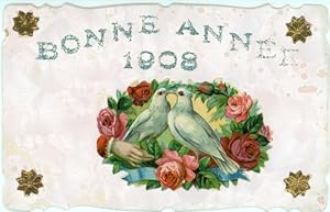 Ansichtskarte / Postkarte Glückwunsch Neujahr 1908, Tauben, Rosen
