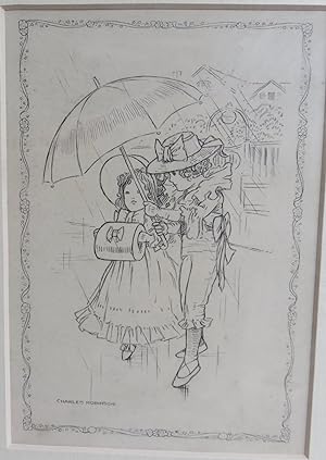 ORIGINAL PEN AND INK DRAWING OF TWO CHILDREN OUT IN THE RAIN. Signed artwork.