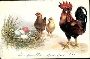 Ansichtskarte / Postkarte Glückwunsch Ostern, Hahn, Hühner, bunte Ostereier