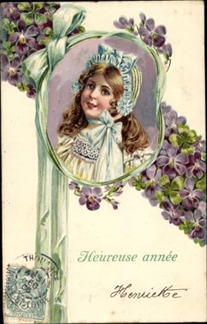 Präge Ansichtskarte / Postkarte Glückwunsch Neujahr, Mädchenportrait, Veilchen, Klee