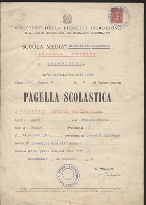 Pagella scolastica scuola media "Antonio Rosmini" Domodossola anno scolastico 1954-55