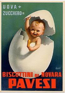 Cartolina-cartoncino pubblicitario della Pavesi di Novara illustrata da Boccasile, raffigurante u...