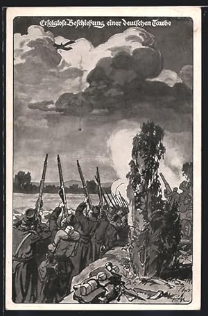 Bild des Verkufers fr Knstler-Ansichtskarte franzsische Soldaten beschiessen ohne Erfolg eine deutsche Taube, Flugzeug m Himmel zum Verkauf von Bartko-Reher