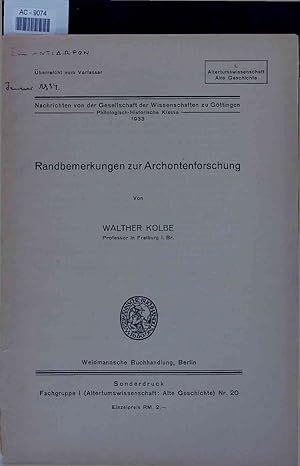 Bild des Verkufers fr Randbemerkungen zur Archontenforschung. zum Verkauf von Antiquariat Bookfarm