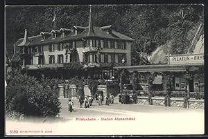 Ansichtskarte Alpnachstad, Bahnhof der Pilatusbahn und Hotel, Pension Pilatus