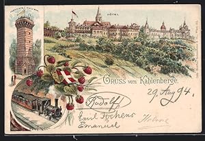 Vorläufer-Lithographie Kahlenberge, 1894, Hotel, Aussichtsturm, Bergbahn