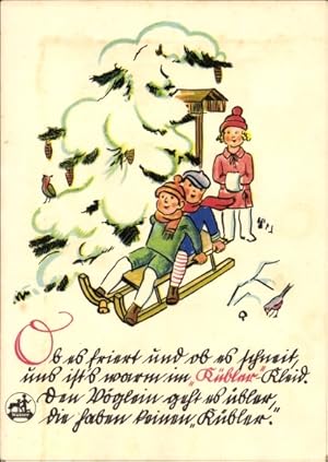 Bild des Verkufers fr Knstler Ansichtskarte / Postkarte Reklame Kbler Wolle, Kinder auf Schlitten zum Verkauf von akpool GmbH