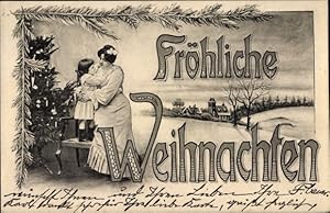 Ansichtskarte / Postkarte Glückwunsch Weihnachten, Mutter mit Kind, Tannenbaum, Winterlandschaft,...