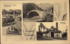 Bild des Verkufers fr Ansichtskarte / Postkarte Lanzo Torinese Piemonte, Monumento al Caduti, Ponte del Diavolo, Santuario di Loreto zum Verkauf von akpool GmbH