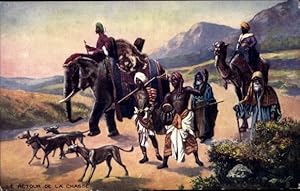 Ansichtskarte / Postkarte Indien, Rückkehr nach der Jagd, Elefanten, Jagdhunde - Tuck 7500
