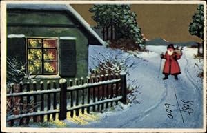 Ansichtskarte / Postkarte Mann mit Geschenken auf dem Weg nach Hause, Tannenbaum, Weihnachten