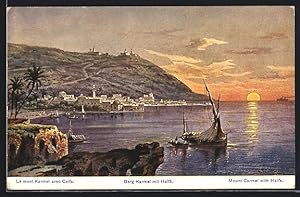 Künstler-Ansichtskarte F.Perlberg: Berg Karmel mit Haifa, Mount Carmel with haifa, le mont Karmel...