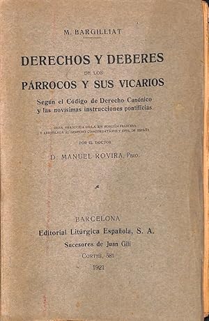 Seller image for DERECHOS Y DEBERES DE LOS PRROCOS Y SUS VICARIOS. for sale by Librera Smile Books