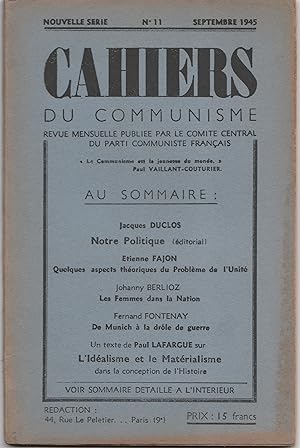 Cahiers du communisme N° 11. septembre 1945.