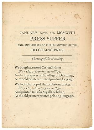 Seller image for The song of the Evening' [at the] Press Supper. 2nd Anniversary of the Foundation of the Ditchling Press. January 14th A.D. MCMXVIII. for sale by Blackwell's Rare Books ABA ILAB BA