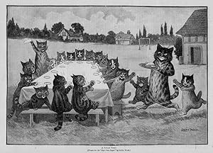 Louis Wain Illustration of Cats around a table,ca1900 Wood Engraving