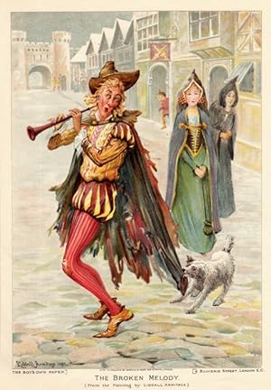 Medieval Flute Player Attacked by Terrier,1904 Chromolithograph