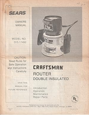 Bild des Verkufers fr Owners Manual Model No. 315.17492 Craftsman Route Double Insulated Introduction Operation Maintenance Repair Parts zum Verkauf von Book Booth