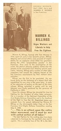 Bild des Verkufers fr Warren K. Billings: Urges Workers and Liberals to Help Free the Eighteen. I'll Help in the Fight! James T. Farrell, Chairman Civil Rights Defense Committee zum Verkauf von Between the Covers-Rare Books, Inc. ABAA